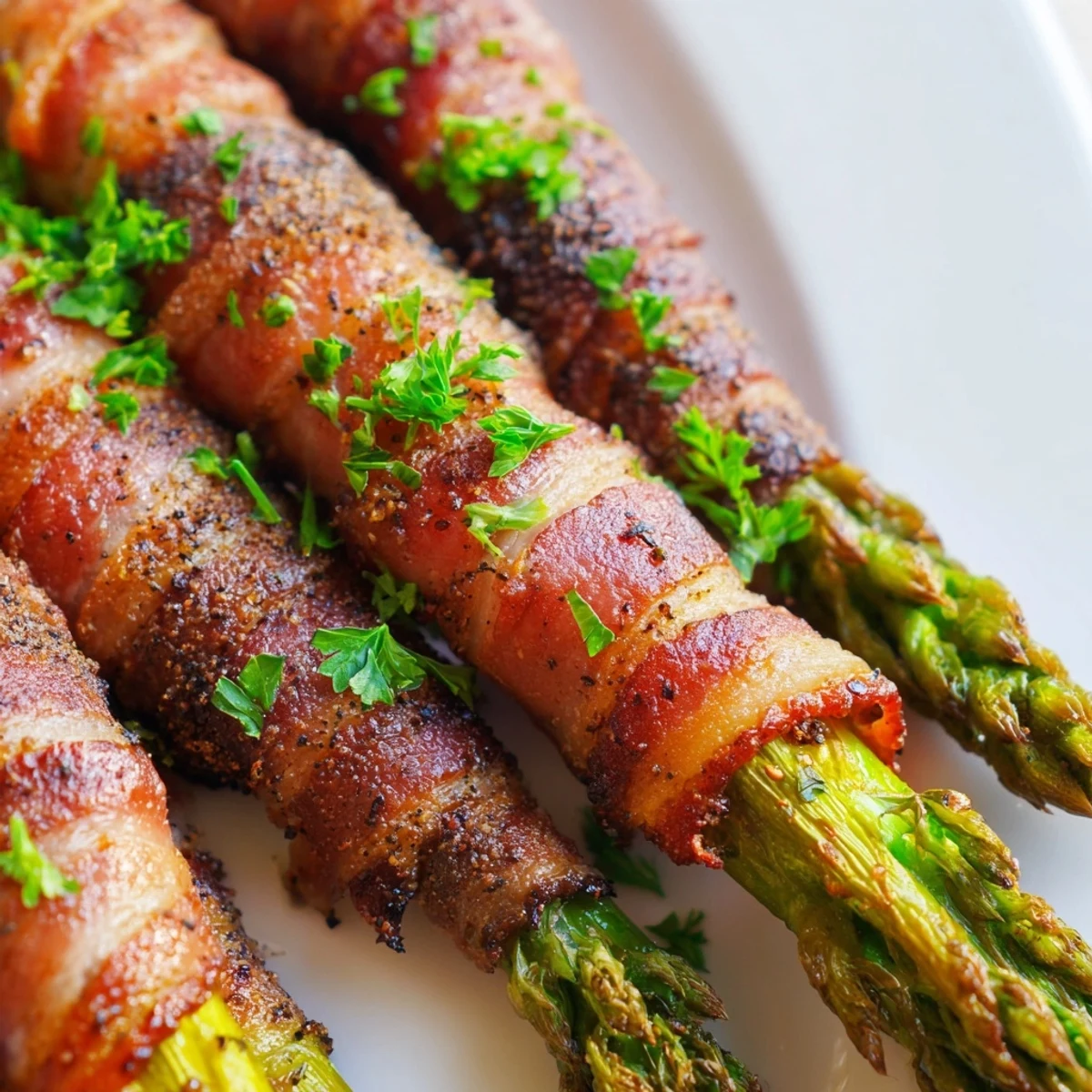 Golden Crispy Beef Bacon Wrapped Asparagus Bundles fresh from the oven, garnished with lemon wedges and parsley.