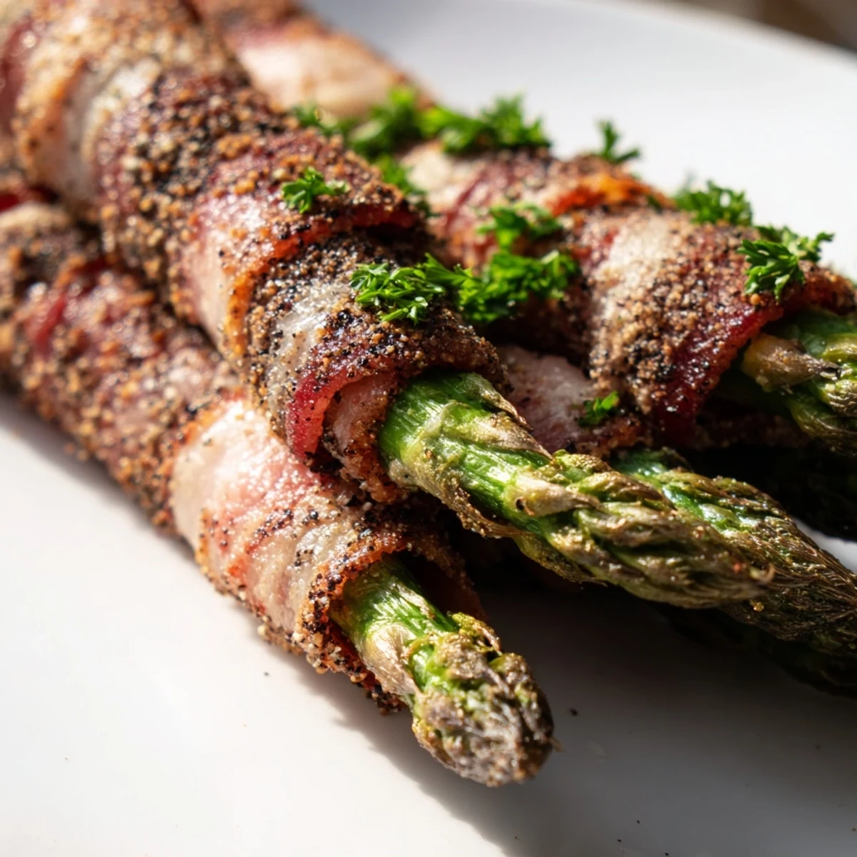 Savory Beef Bacon Wrapped Asparagus Bundles served as an elegant appetizer with a squeeze of fresh lemon for brightness.