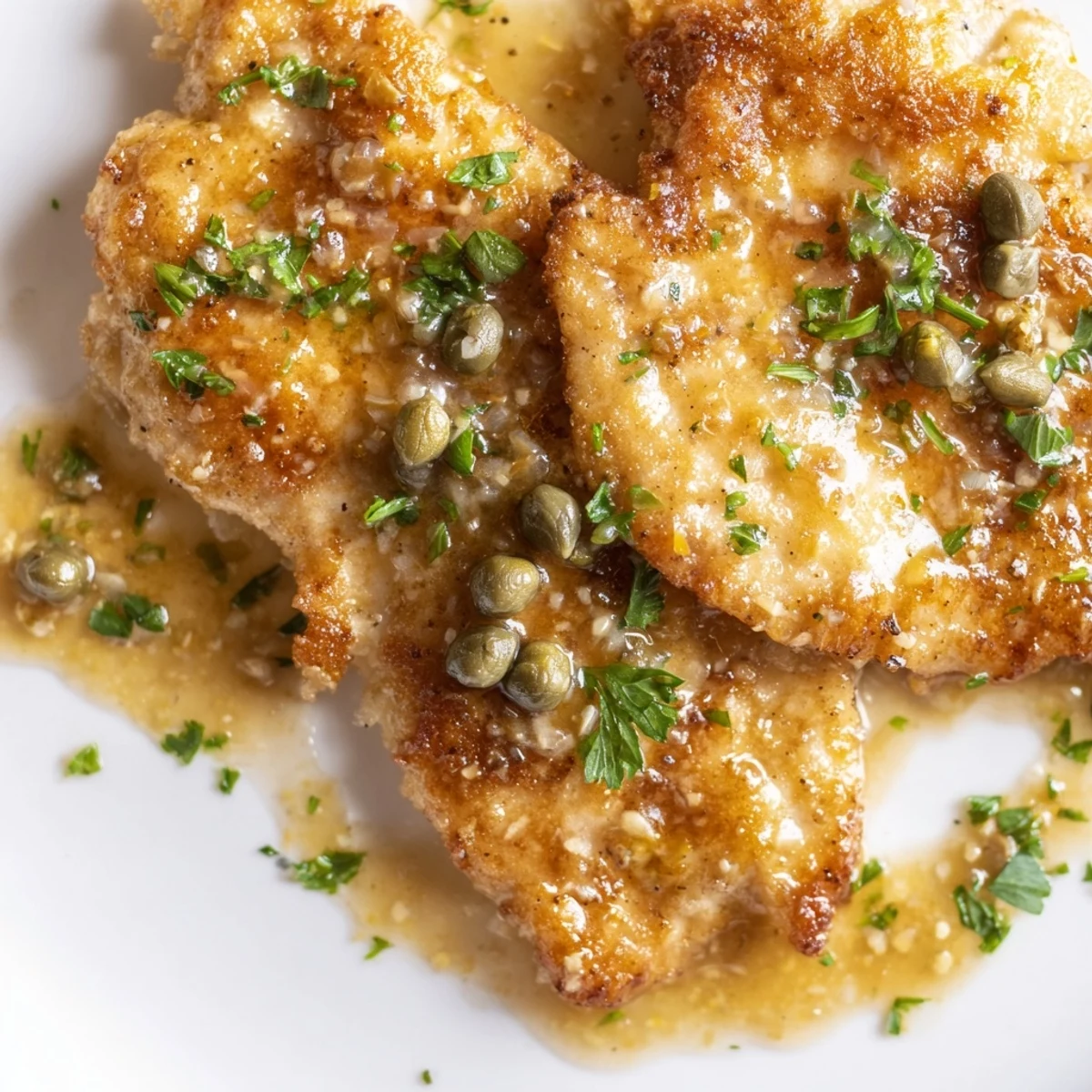 Sizzling skillet Chicken Piccata with lemon juice and capers, garnished with fresh parsley for a quick dinner.
