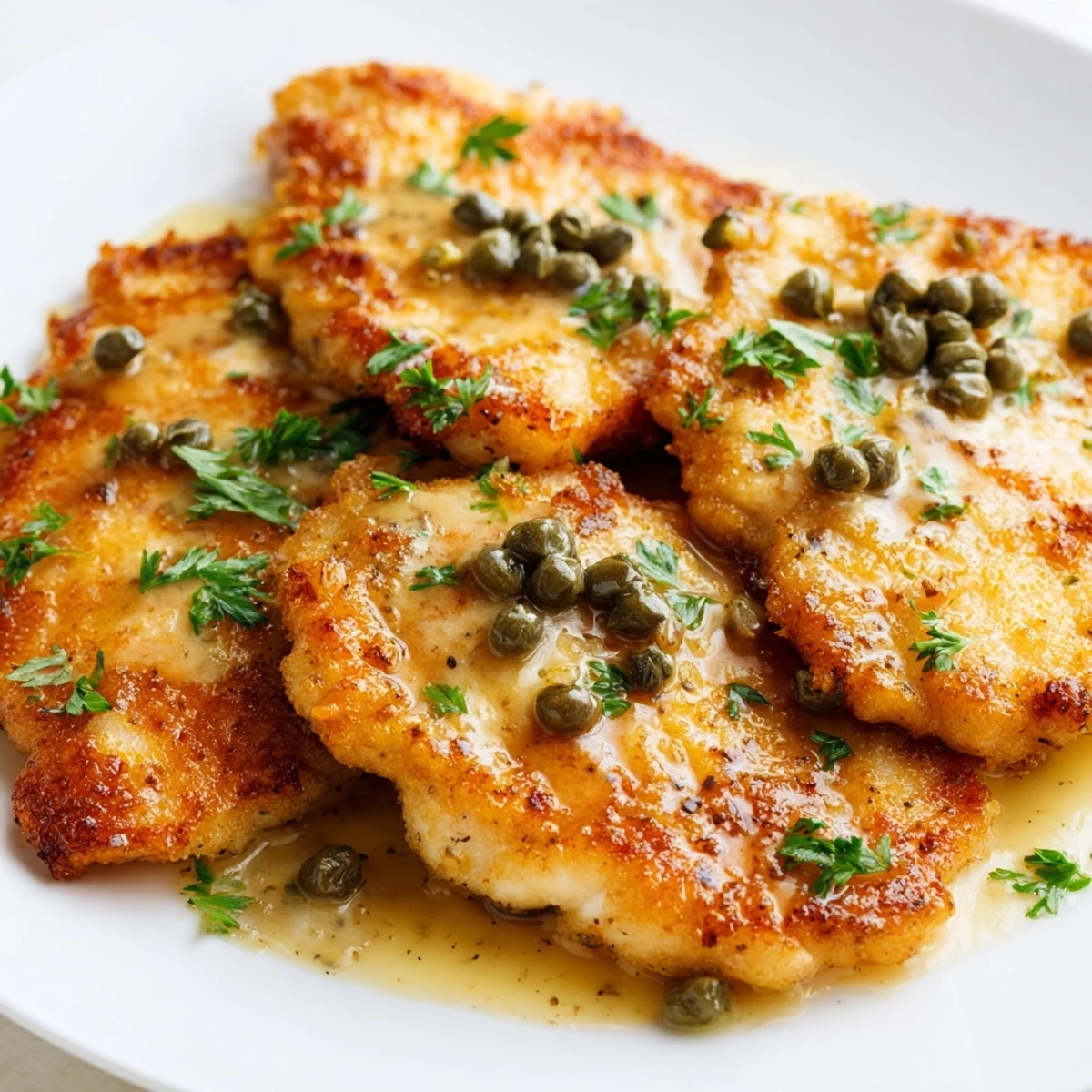 Bright lemon-caper sauce coats tender chicken piccata, plated elegantly with a side of sautéed spinach.