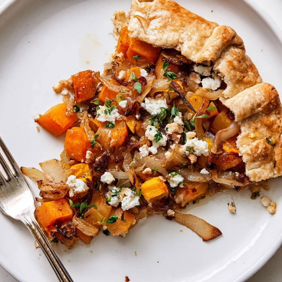 A rustic Roasted Butternut Squash and Apple Galette slice revealing tender squash and tart apples, paired with a crisp green salad.