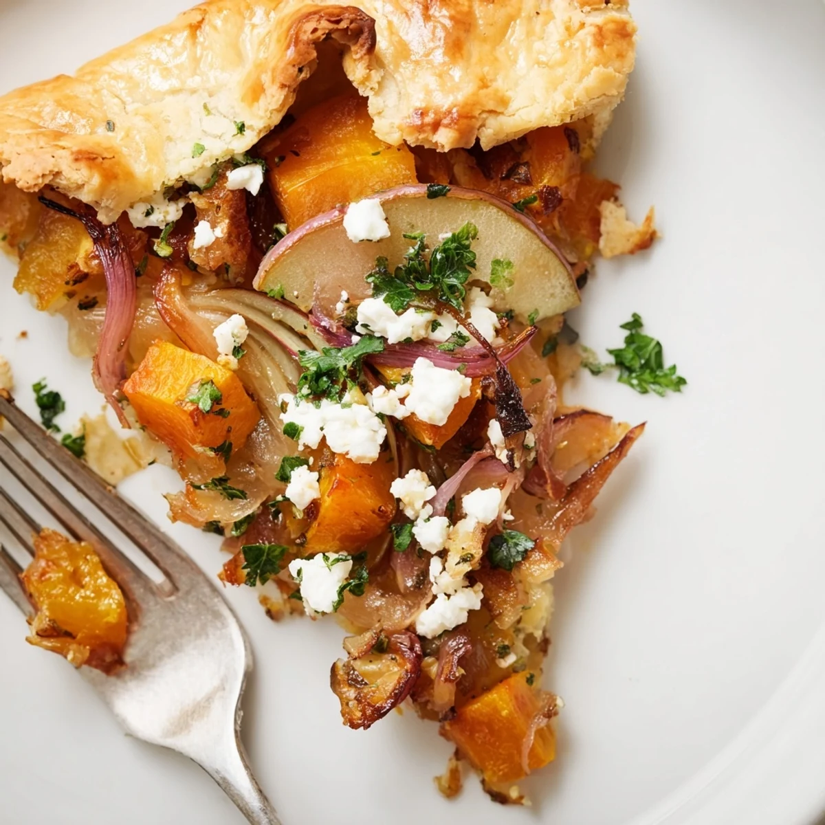 Savory-sweet Roasted Butternut Squash and Apple Galette featuring caramelized onions and flaky pastry, ready to serve for a vegetarian dinner.