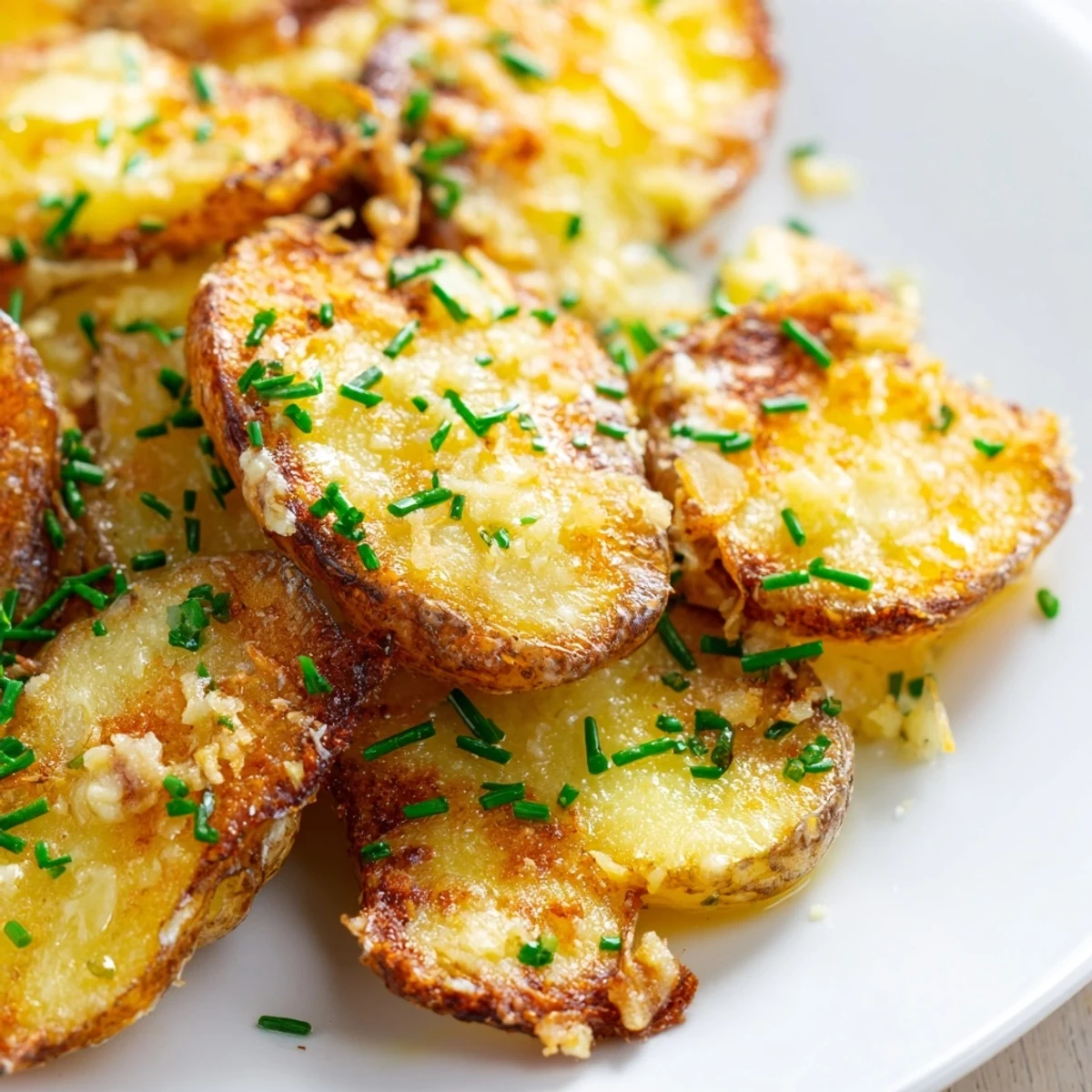 Golden brown Garlic Parmesan Smashed Potatoes with fresh chives garnish on a white plate.