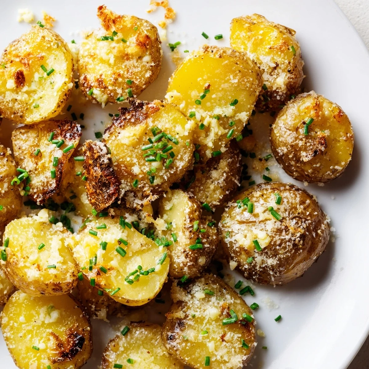 Crispy edged, fluffy centered Garlic Parmesan Smashed Potatoes served as a savory side dish.