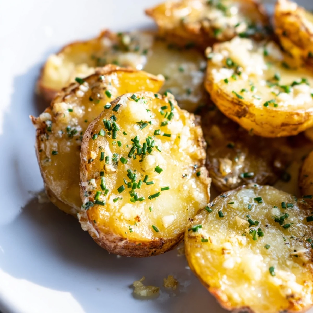 Close up of Garlic Parmesan Smashed Potatoes with melted cheese and chopped chives.