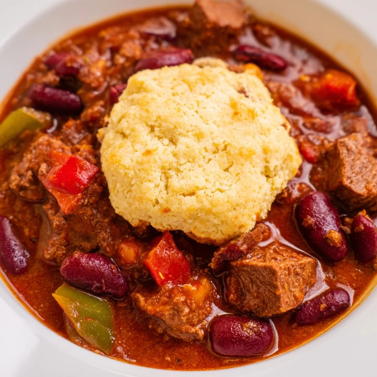 A bowl of hearty Beef Chili with Homemade Cornbread Dumplings, featuring tender beef chunks, beans, and golden dumplings, garnished with fresh cilantro and jalapeños.