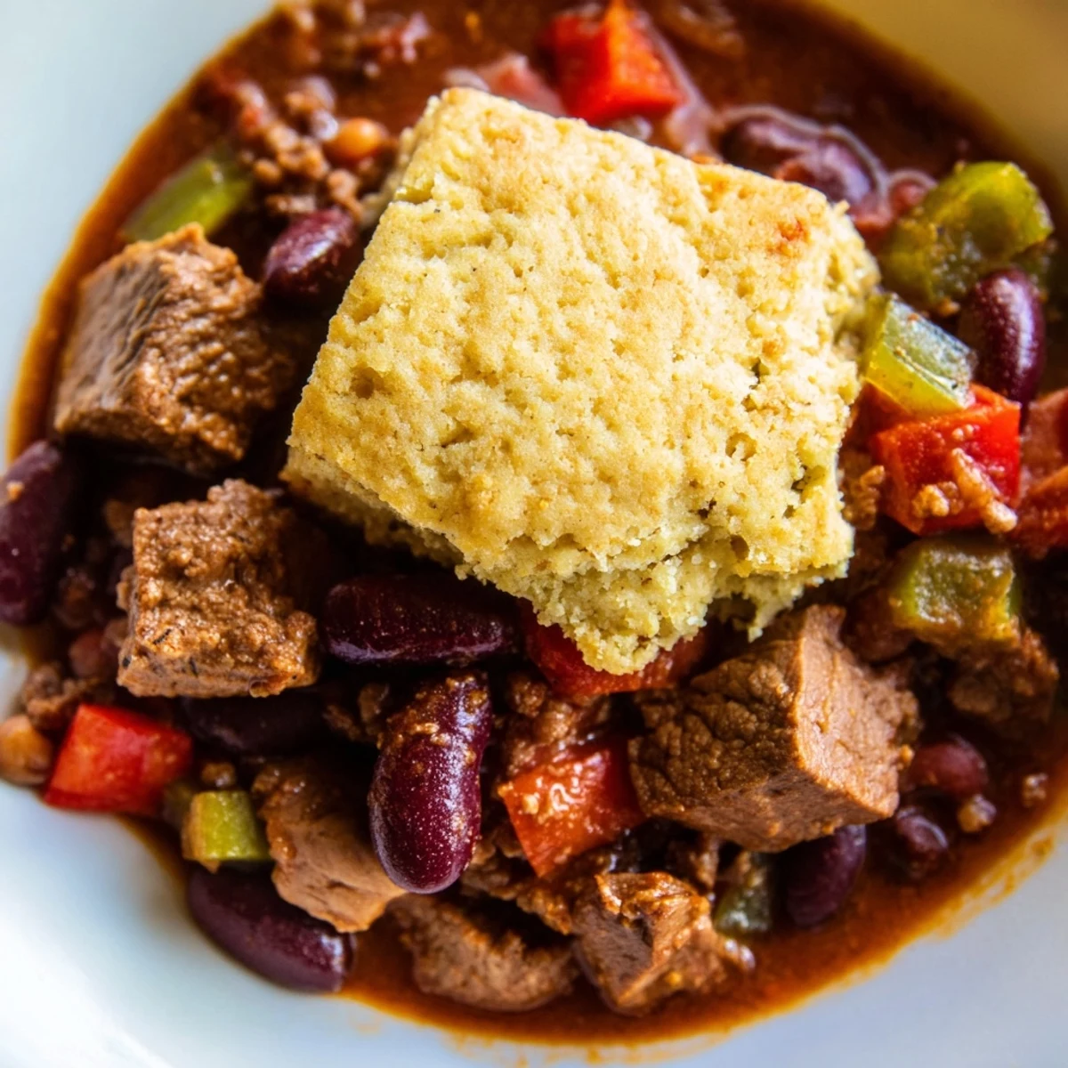 Savory Beef Chili with Homemade Cornbread Dumplings bubbling in a Dutch oven, revealing thick gravy and tender beef under puffed, golden-brown dumplings, ready to serve.