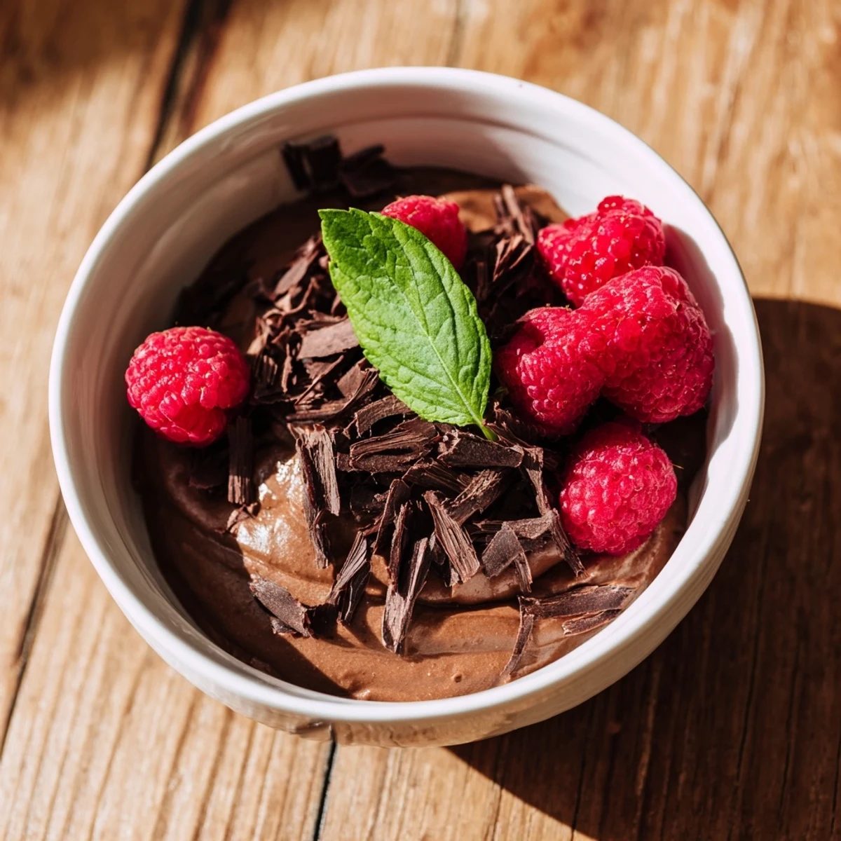 Silky Chocolate Avocado Mousse in a glass, crowned with fresh raspberries and mint.