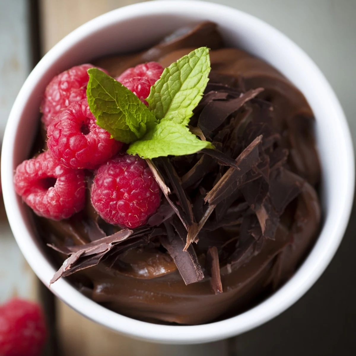 Creamy Chocolate Avocado Mousse served chilled with juicy raspberries and shaved chocolate.