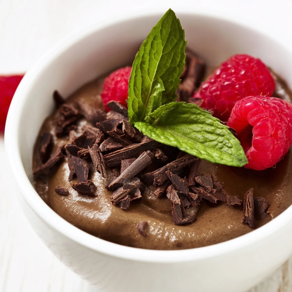 Rich Chocolate Avocado Mousse topped with vibrant raspberries, ready for an elegant dessert.