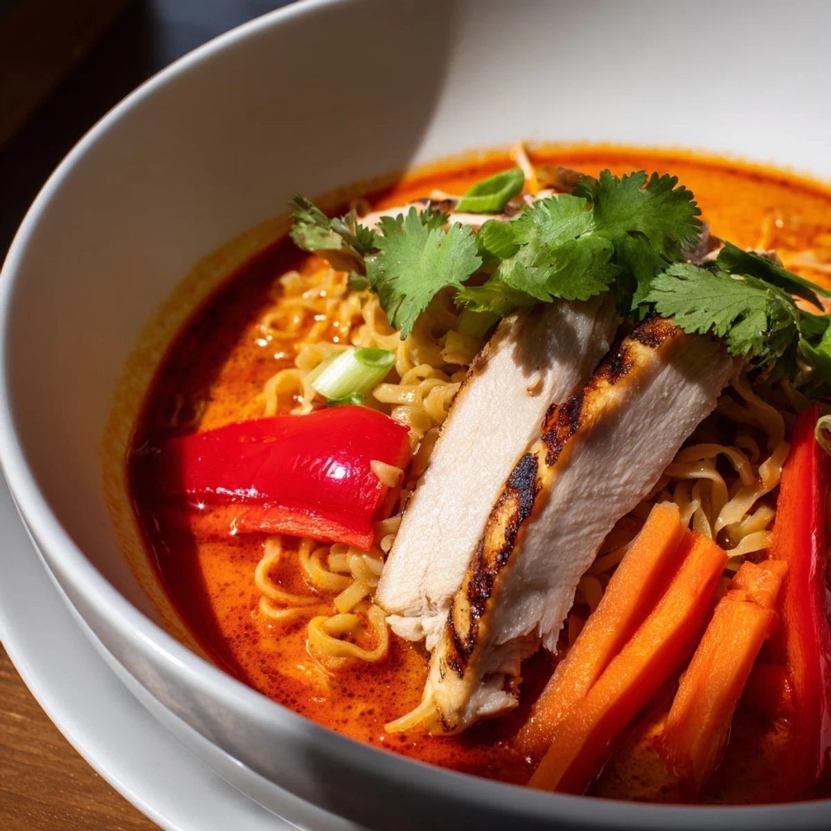 Steaming Thai Red Curry Noodle Soup with Grilled Chicken features tender sliced meat in a rich, creamy coconut broth served over rice noodles.