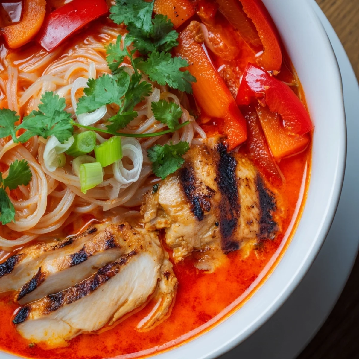 Vivid Thai Red Curry Noodle Soup with Grilled Chicken showcases charred chicken slices, crisp red peppers, and fresh herbs over a bed of noodles.