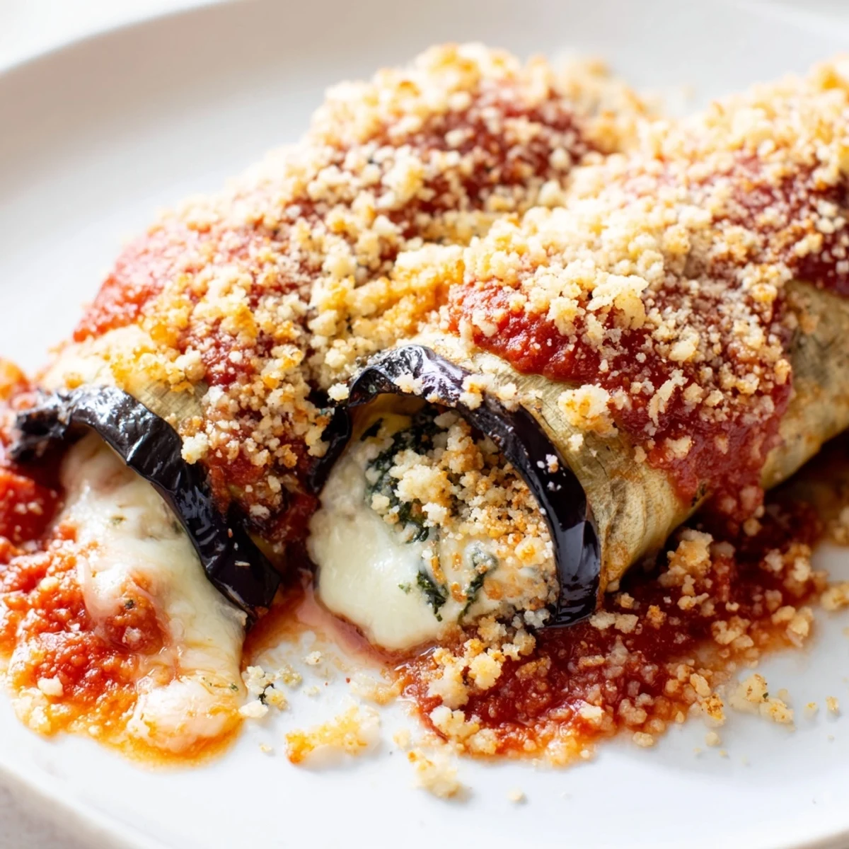 Golden roasted eggplant slices rolled with creamy ricotta and herbs in a baking dish.
