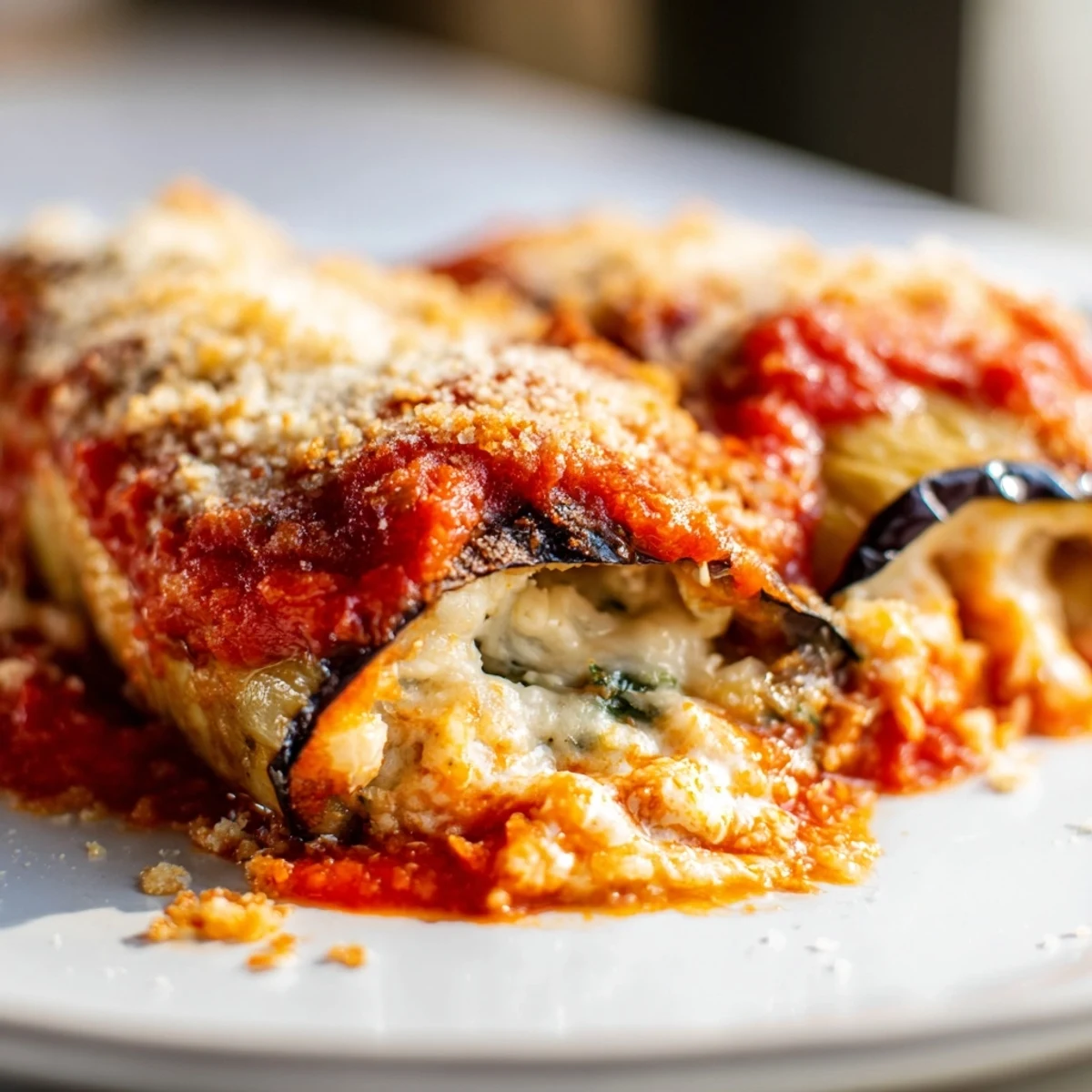 Freshly baked Eggplant Rollatini with ricotta and herbs, bubbling in a rich tomato sauce.