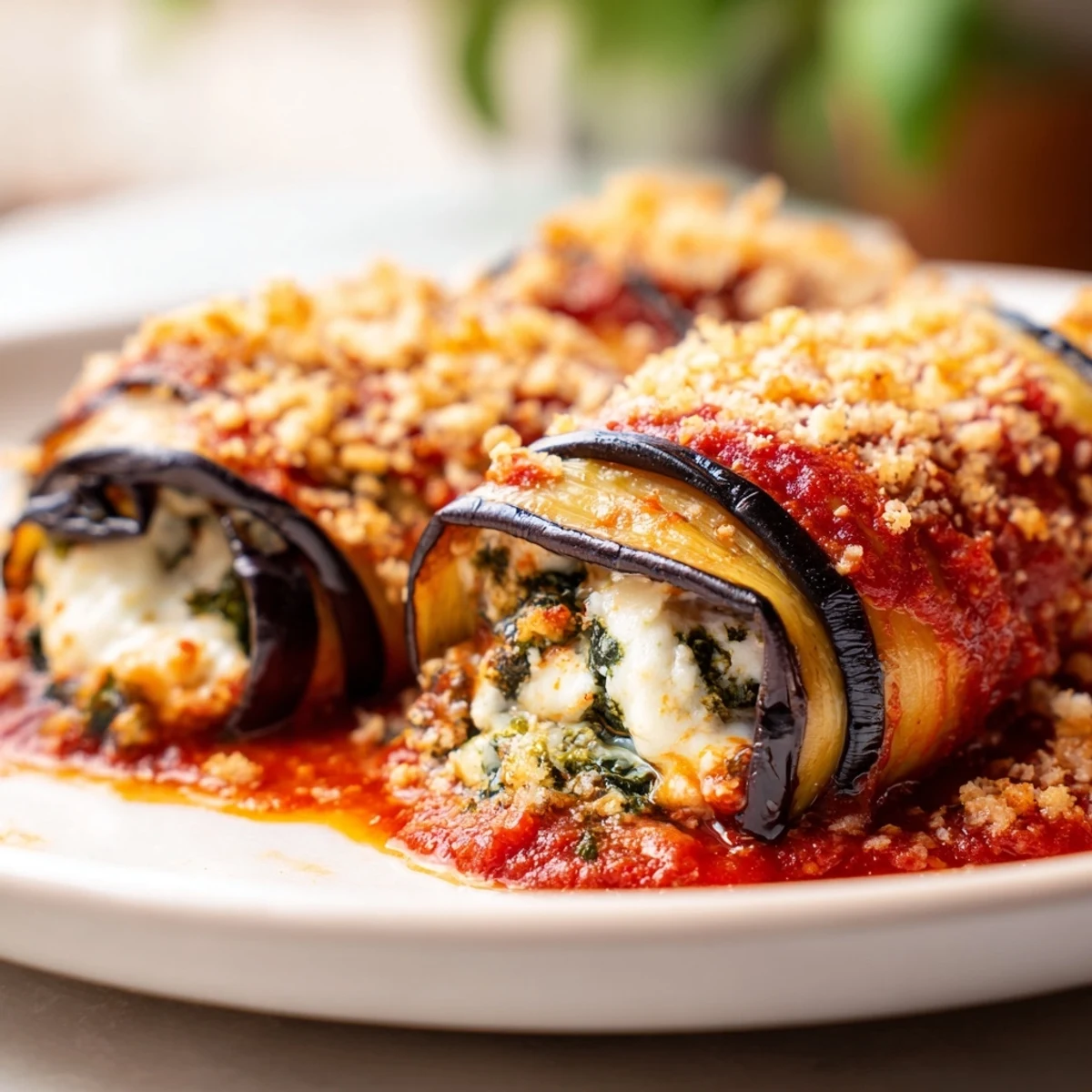 Eggplant Rollatini plated with marinara, melted mozzarella, and fresh basil garnish.