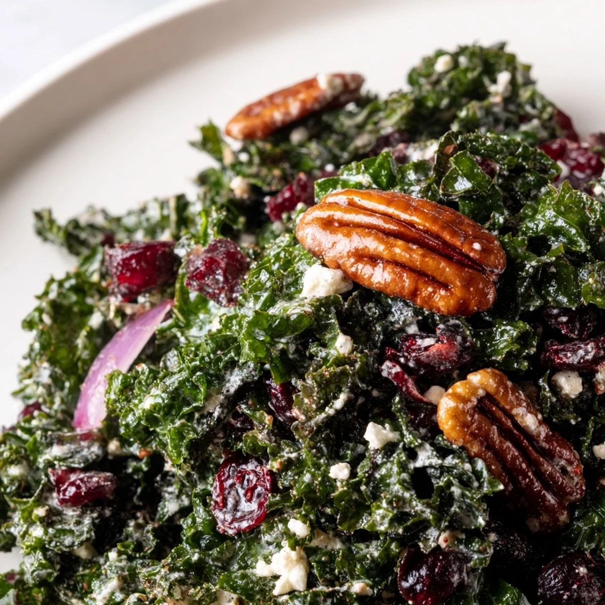 Festive Winter Kale Salad with Pecans and Cranberries topped with crumbled feta and apple slices on a wooden board.