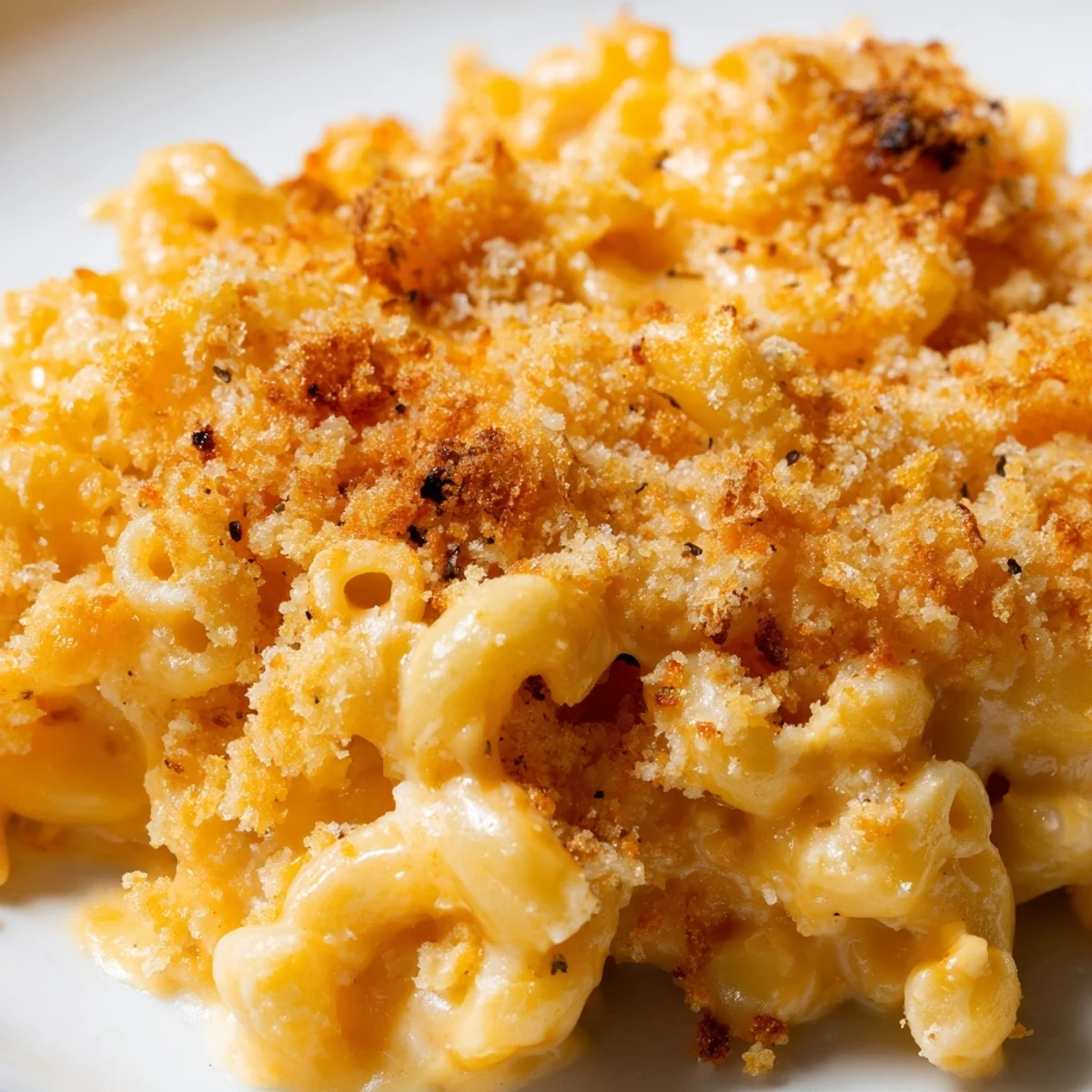 Golden-brown Baked Macaroni and Cheese with Breadcrumb Topping scooped from a ceramic dish, melting cheddar and Gruyère visible.