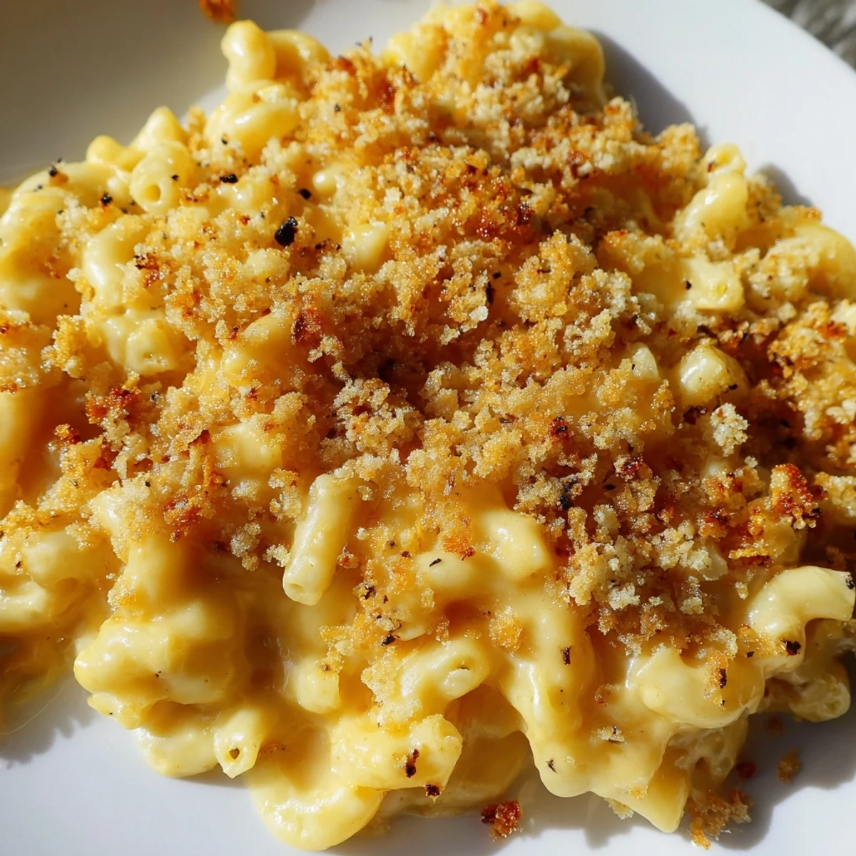 Appetizing serving of Baked Macaroni and Cheese with Breadcrumb Topping on a plate, paired with fresh greens for dinner.