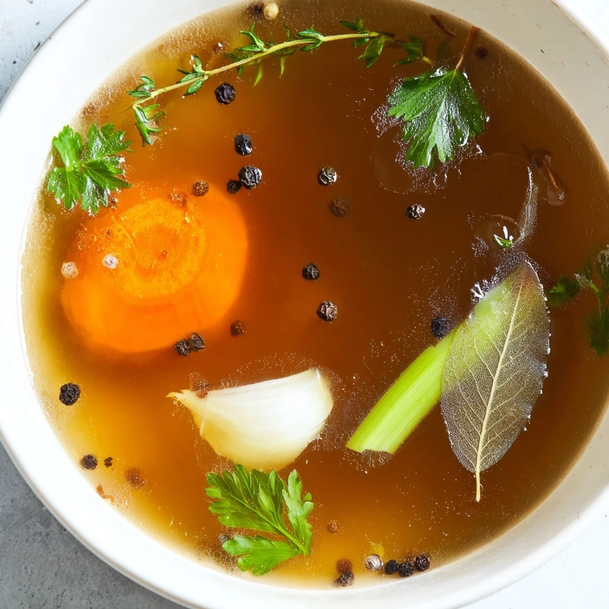 Homemade Vegetable Broth with Fresh Herbs steams in a clear glass bowl, garnished with vibrant parsley and thyme leaves.