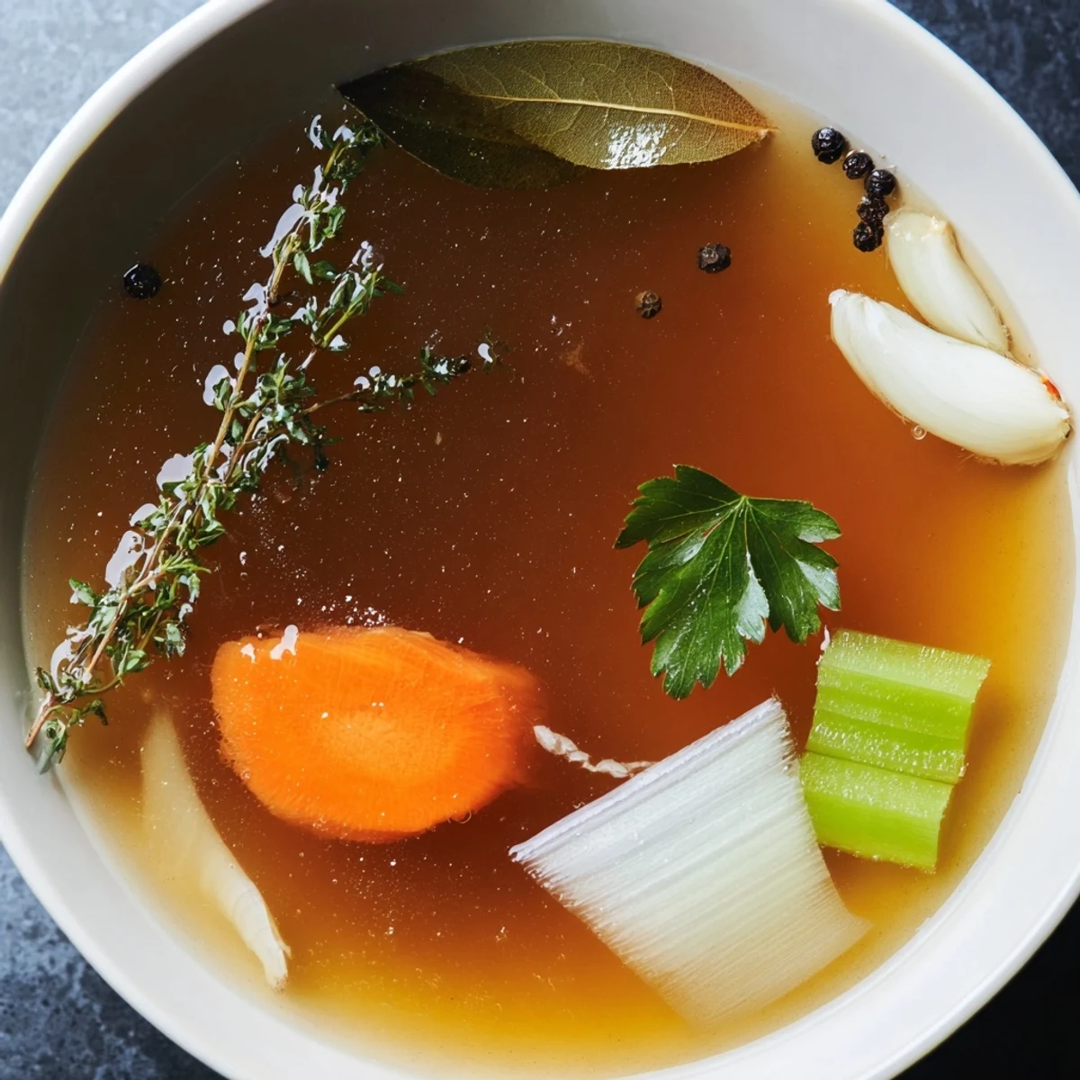 A fine mesh sieve strains golden Homemade Vegetable Broth with Fresh Herbs into a ceramic bowl over fresh vegetable scraps.