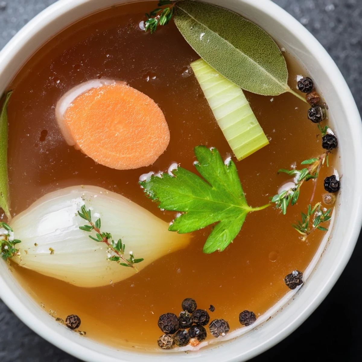 A rustic pot simmers Homemade Vegetable Broth with Fresh Herbs, showcasing chopped carrots, celery, and herbs in savory liquid.