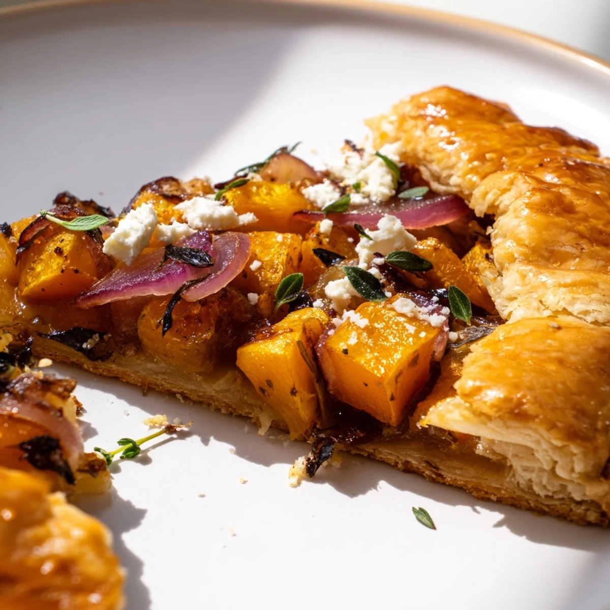 Fresh sage leaves and apple slices garnish the rustic Roasted Butternut Squash and Apple Galette, baked to perfection on a parchment-lined tray.