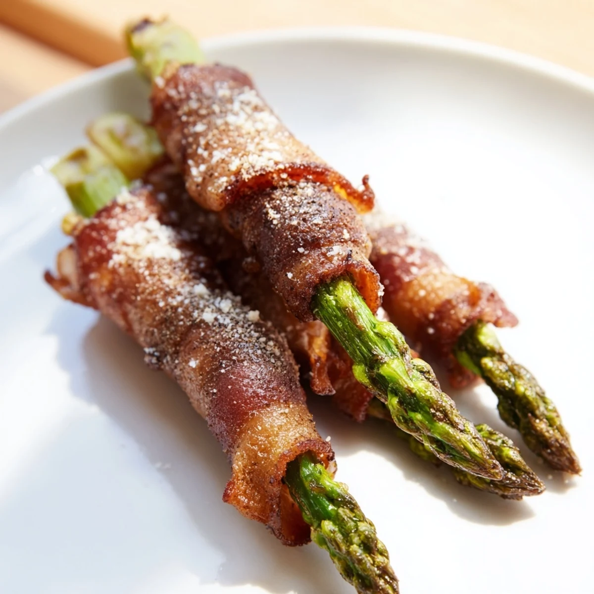 Tender asparagus spears wrapped in smoky beef bacon and roasted to crispy perfection on a baking sheet. 