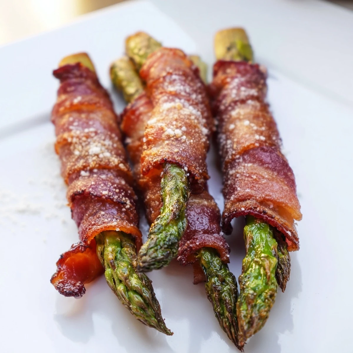 Golden brown Crispy Beef Bacon Wrapped Asparagus Bundles served with fresh lemon wedges on a rustic platter. 