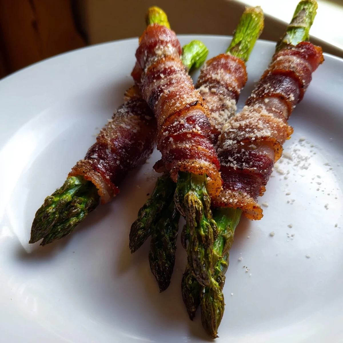 Savory Crispy Beef Bacon Wrapped Asparagus Bundles garnished with Parmesan, ideal for an easy American side dish.