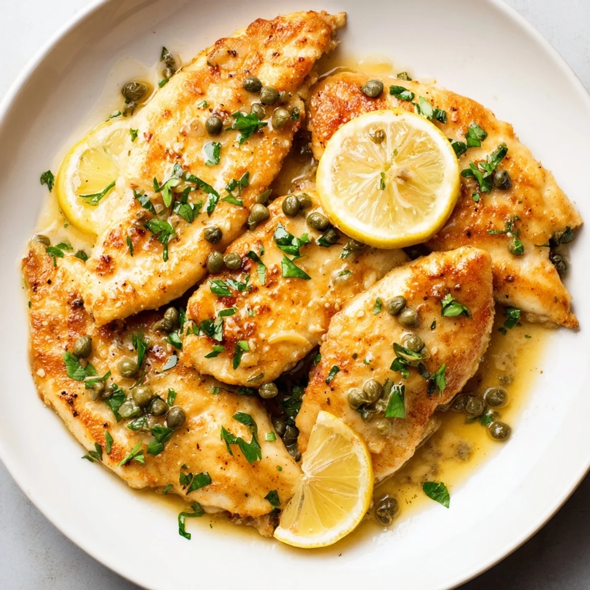 Golden-brown Chicken Piccata with capers in a glossy lemon butter sauce, served over angel hair pasta.