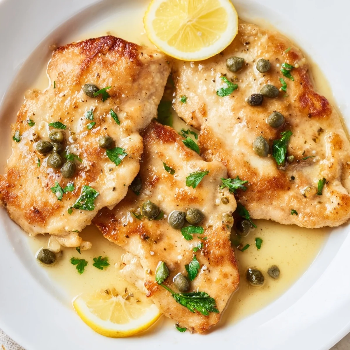Restaurant-style Chicken Piccata plated with steamed asparagus and extra lemon butter caper sauce drizzled on top.
