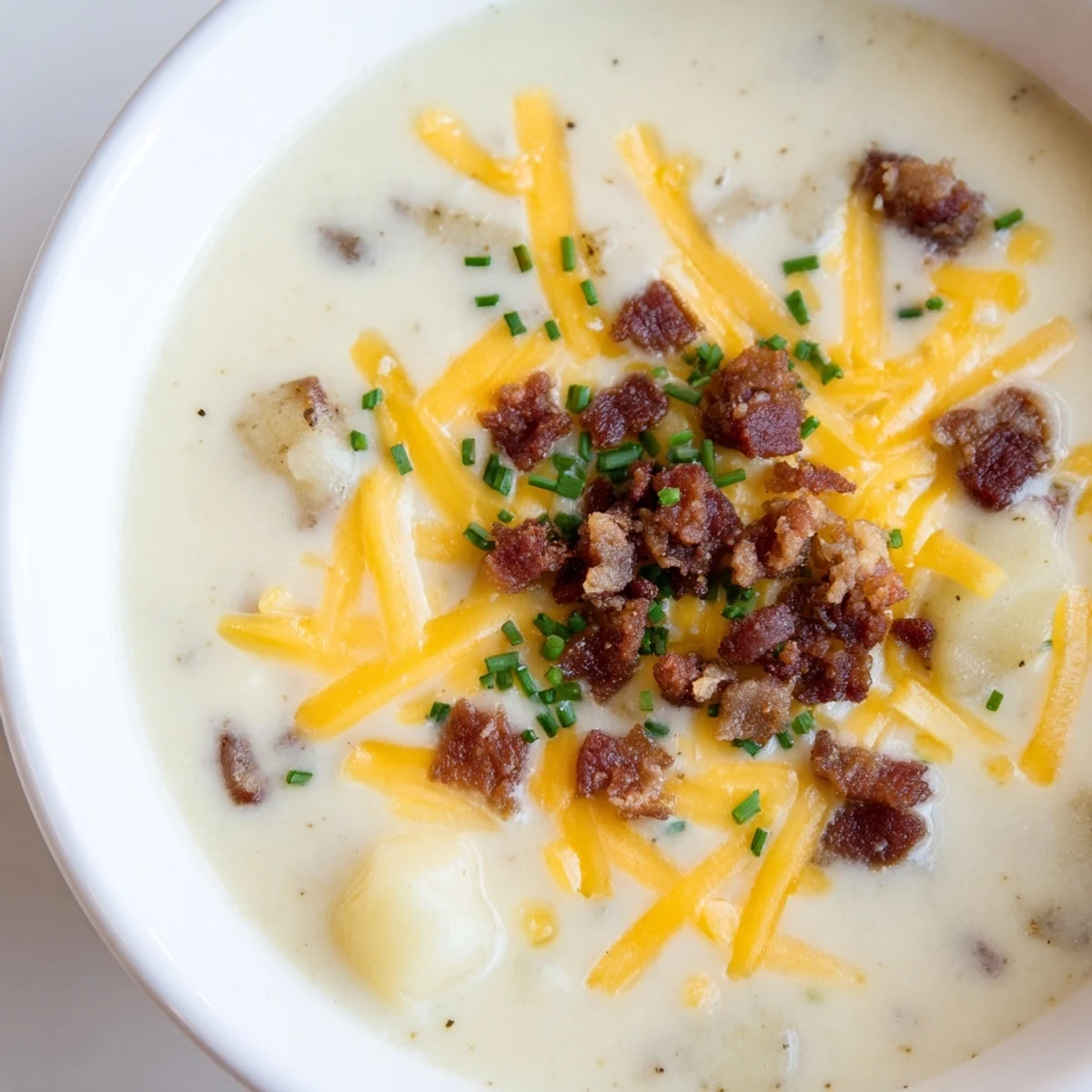 Steaming pot of Creamy Potato Soup with Cheese and Beef Bacon, ladled beside crusty bread for a cozy lunch.