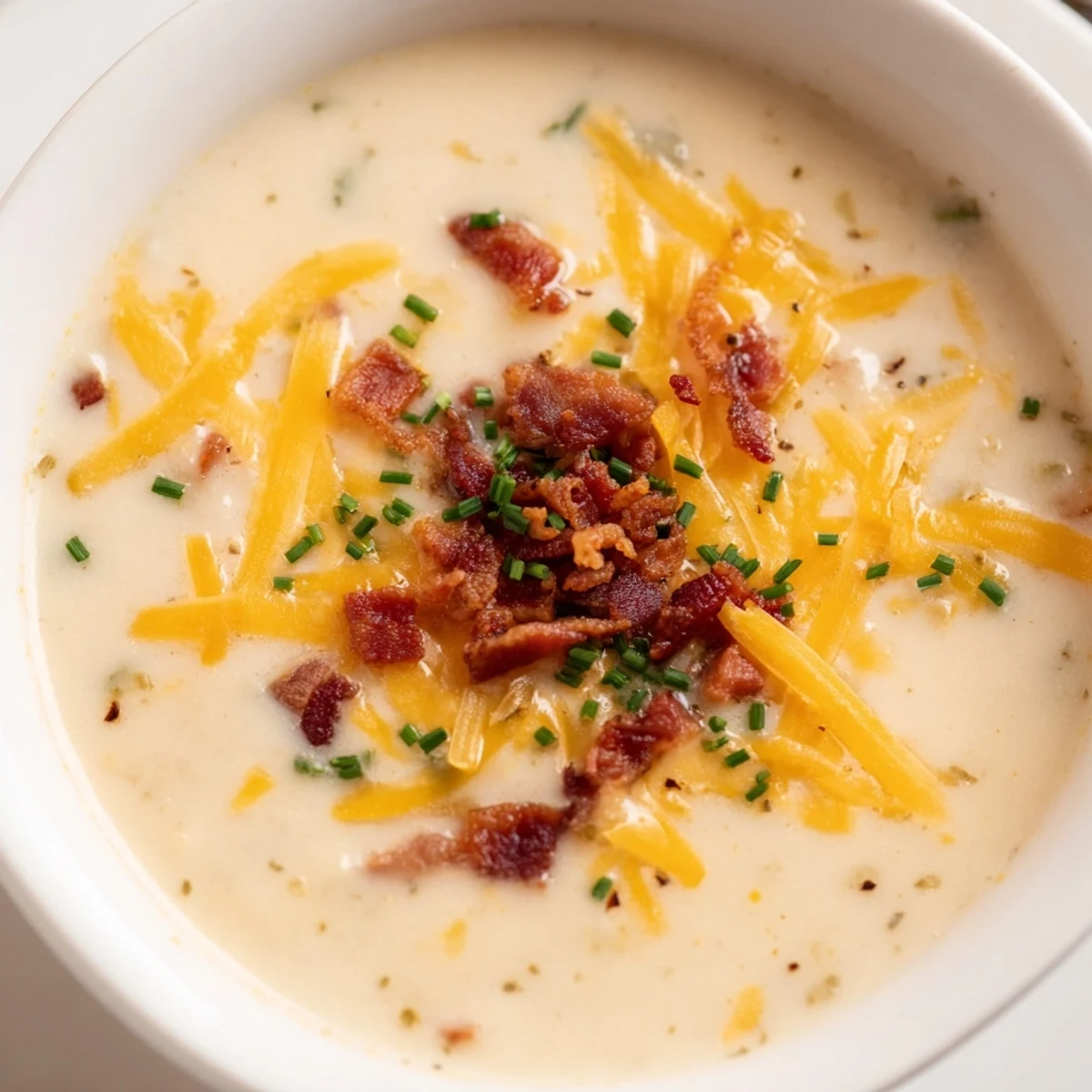 Creamy Potato Soup with Cheese and Beef Bacon in a rustic bowl, topped with crispy bacon bits and fresh chives.