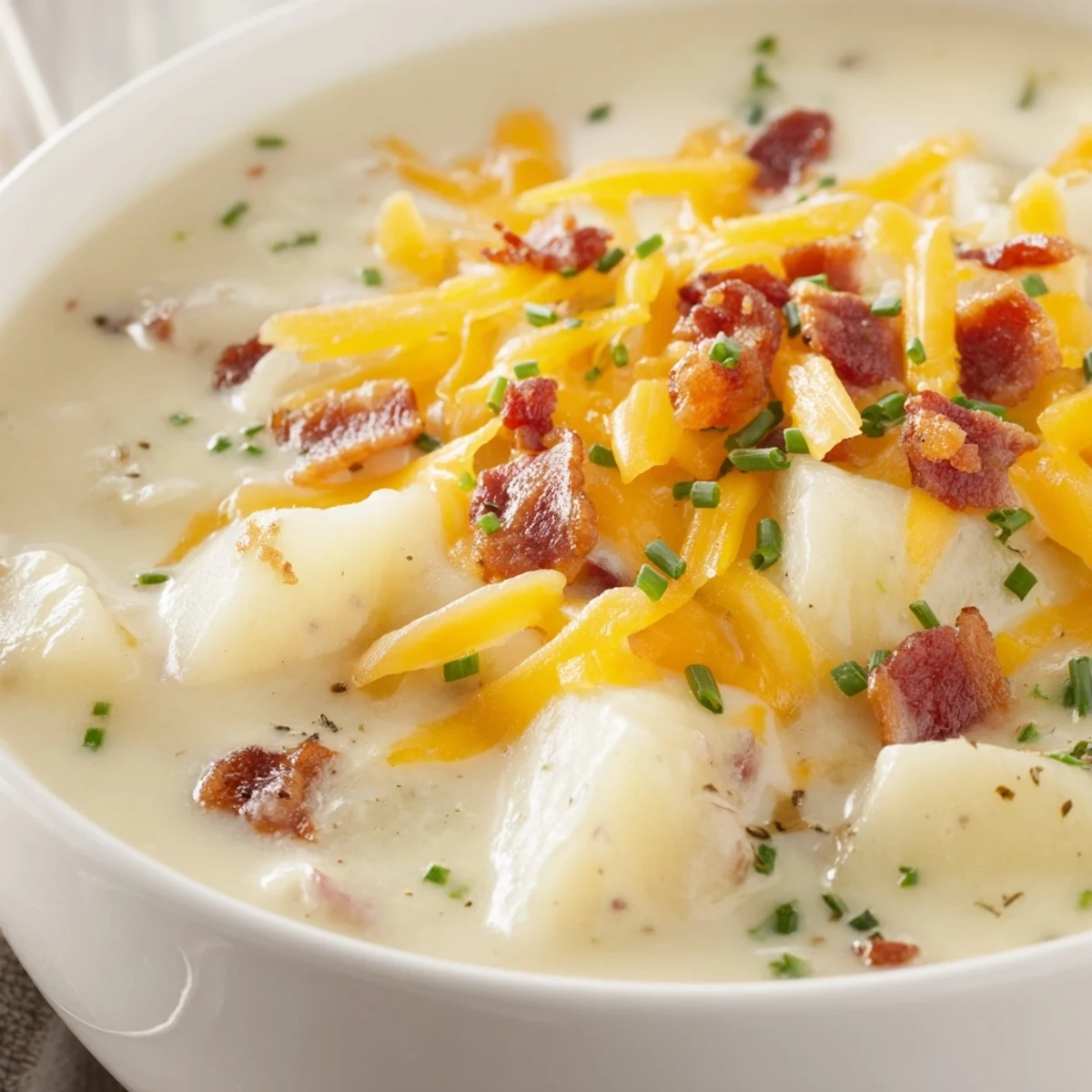 Velvety Creamy Potato Soup with Cheese and Beef Bacon in a white bowl, garnished with extra sharp cheddar.