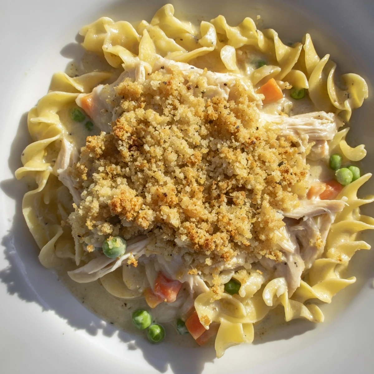 Golden-brown Chicken Noodle Casserole with Buttery Cracker Crumble emerges from the oven with steam rising from a creamy, cheesy interior.