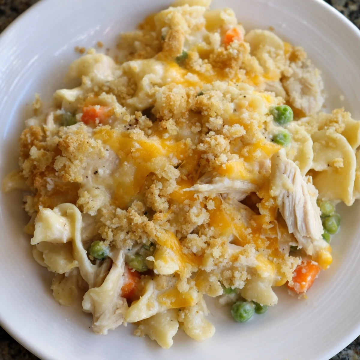 Close-up of Chicken Noodle Casserole with Buttery Cracker Crumble, revealing tender egg noodles, peas, carrots, and shredded chicken in creamy sauce.