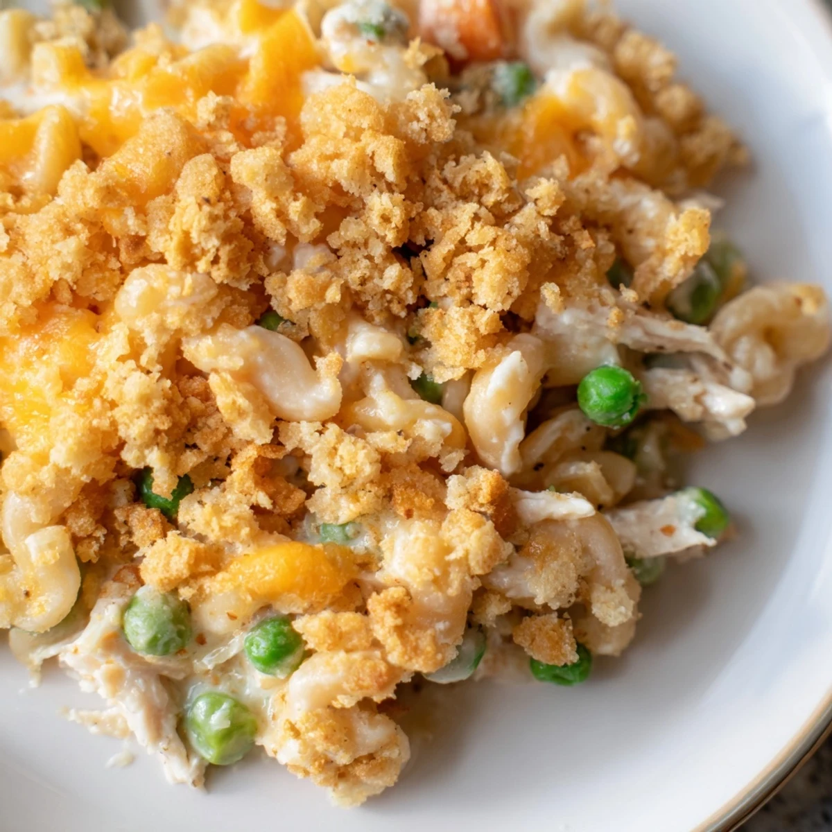 Hearty Chicken Noodle Casserole with Buttery Cracker Crumble is served on a white plate, garnished with fresh parsley alongside a green salad.