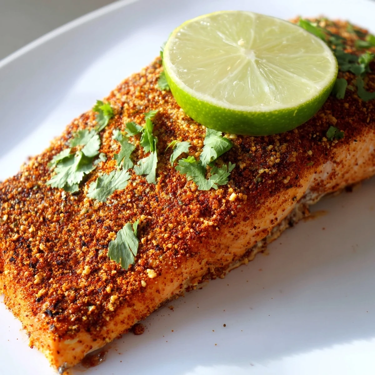 Spicy Cajun baked salmon with zesty lime rounds and cilantro garnish, served on a baking sheet for a healthy dinner.