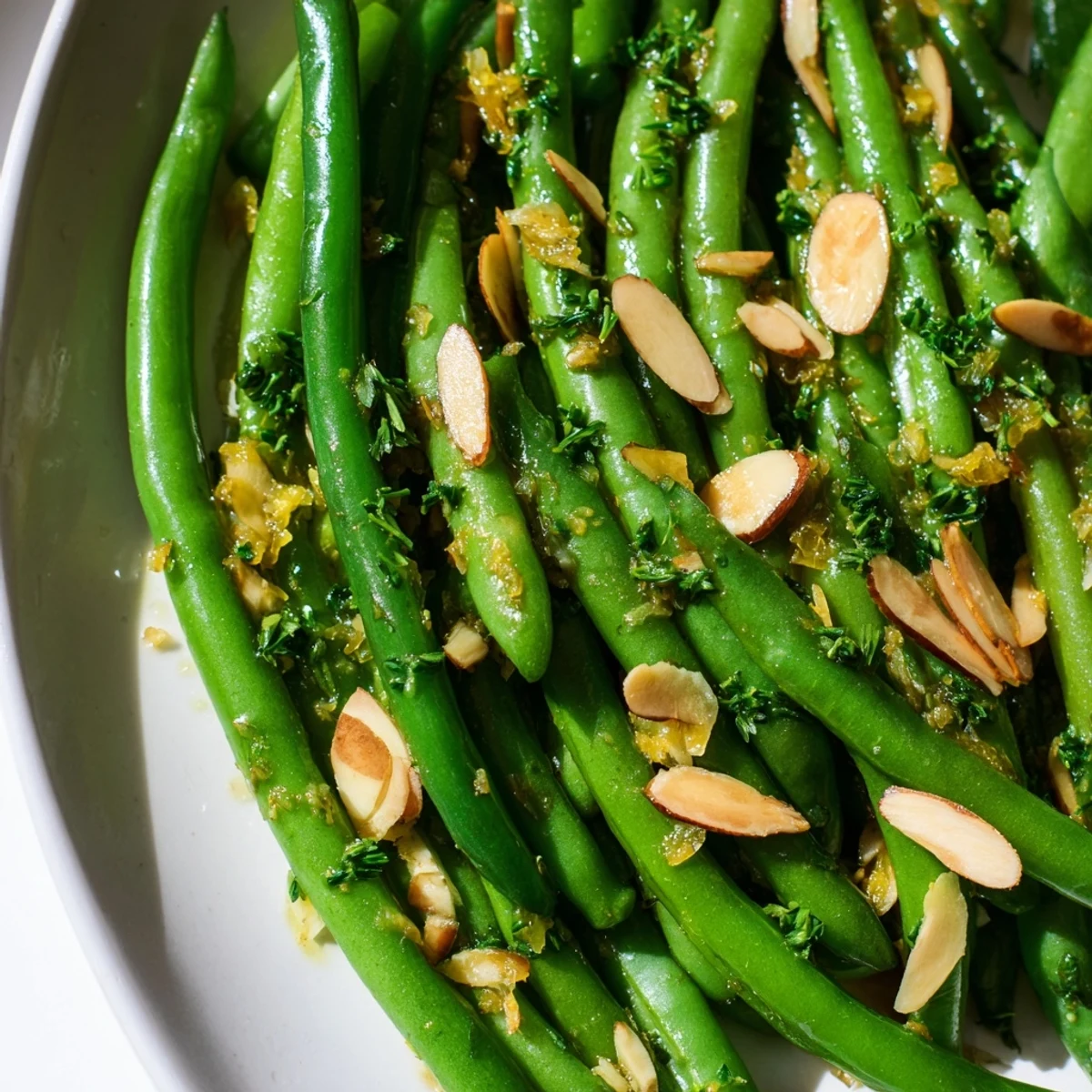 Crisp-tender green beans in a bright lemon garlic butter sauce, topped with golden toasted almonds on a serving platter.