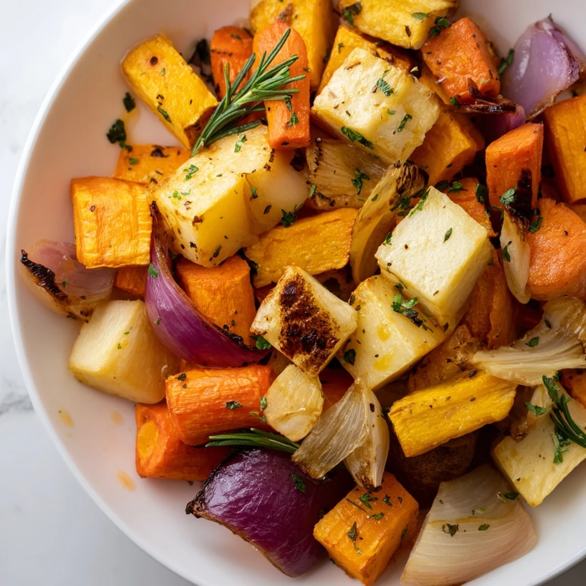 Golden Garlic Herb Roasted Root Vegetables served warm with fresh parsley garnish for dinner.  