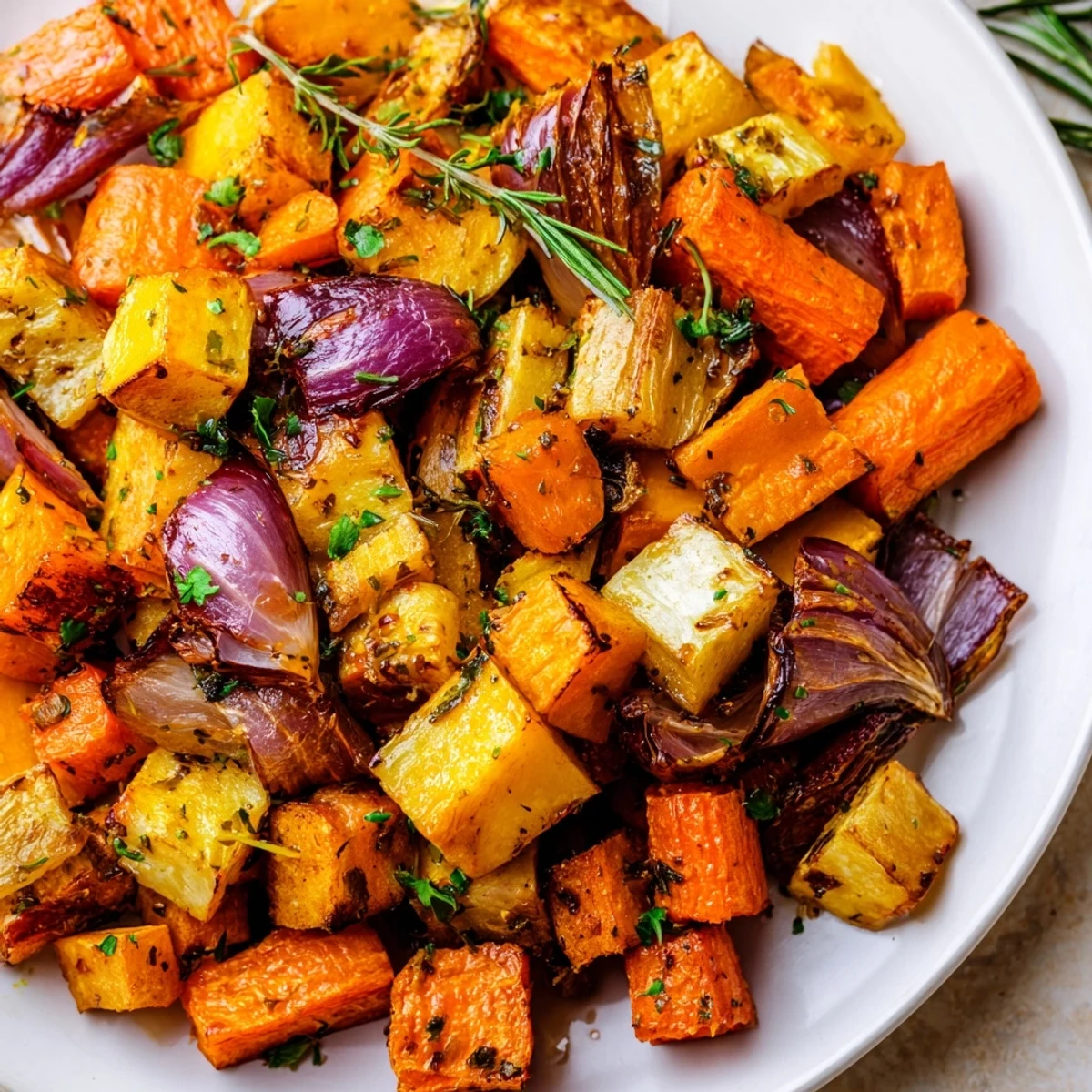 Vibrant Garlic Herb Roasted Root Vegetables with sweet potatoes and onions, ready to serve.