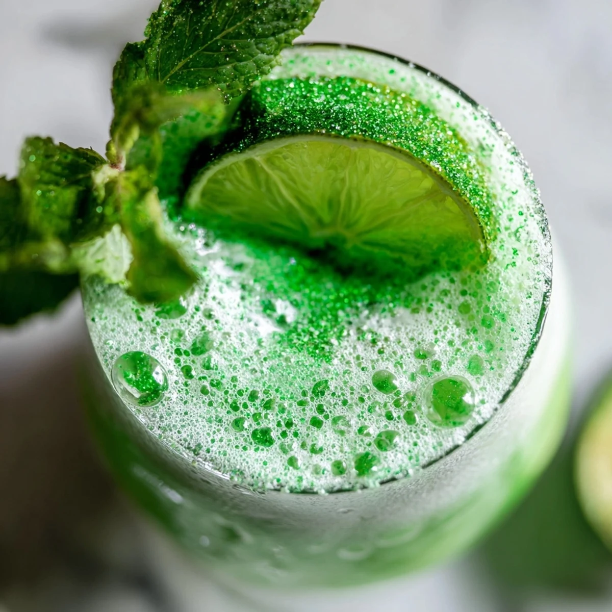 A tall glass of Leprechaun Lime Sherbet Punch with a frothy green head and lime slice garnish, ready for a festive St. Patrick's Day toast.