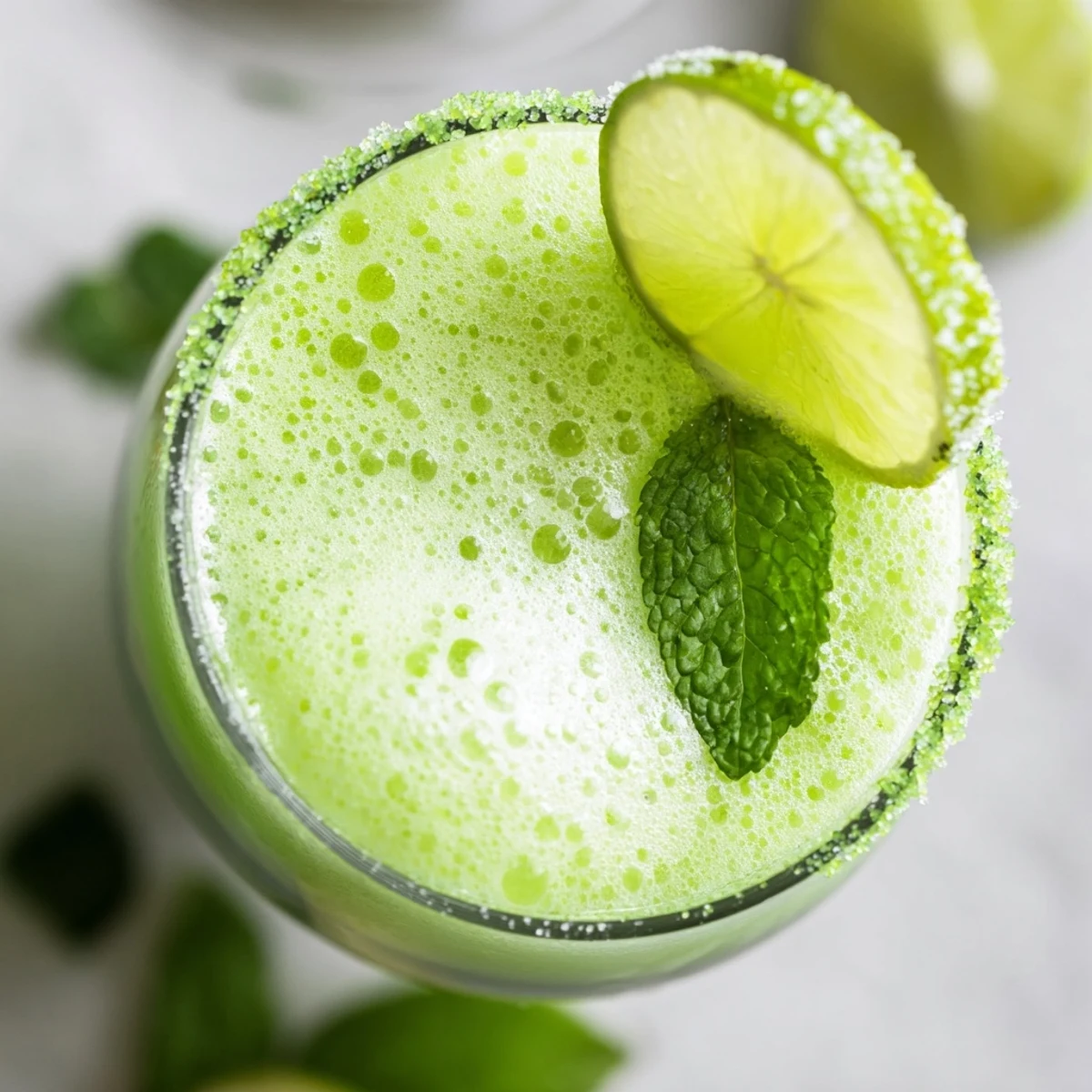 A festive, kid-friendly Leprechaun Lime Sherbet Punch served in sugar-rimmed glasses, garnished with fresh mint and vibrant lime wheels.