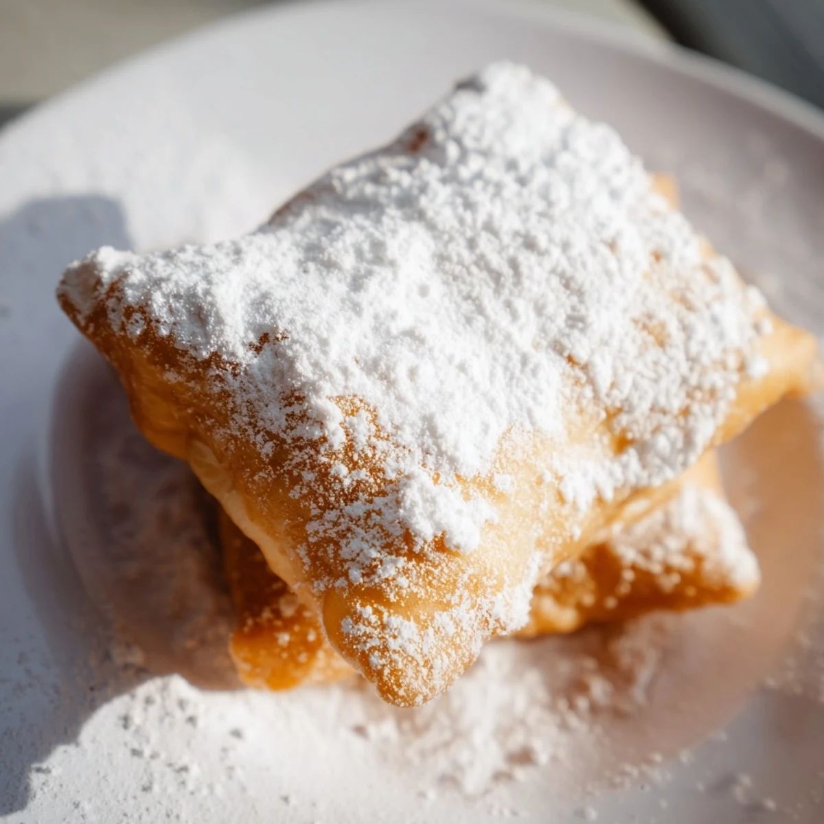 Golden-brown Carnival Style Beignets with powdered sugar resting on a wire rack, ready to enjoy.  