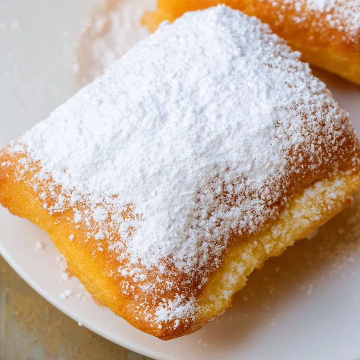 Warm Carnival Style Beignets with powdered sugar, perfect for serving with café au lait.  