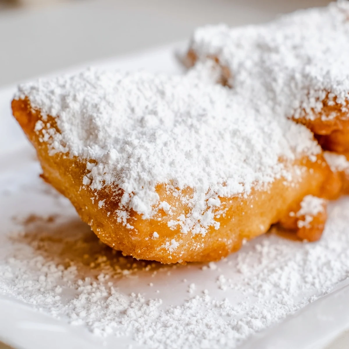 Freshly fried Carnival Style Beignets with a thick powdered sugar coating, evoking festive fair vibes.