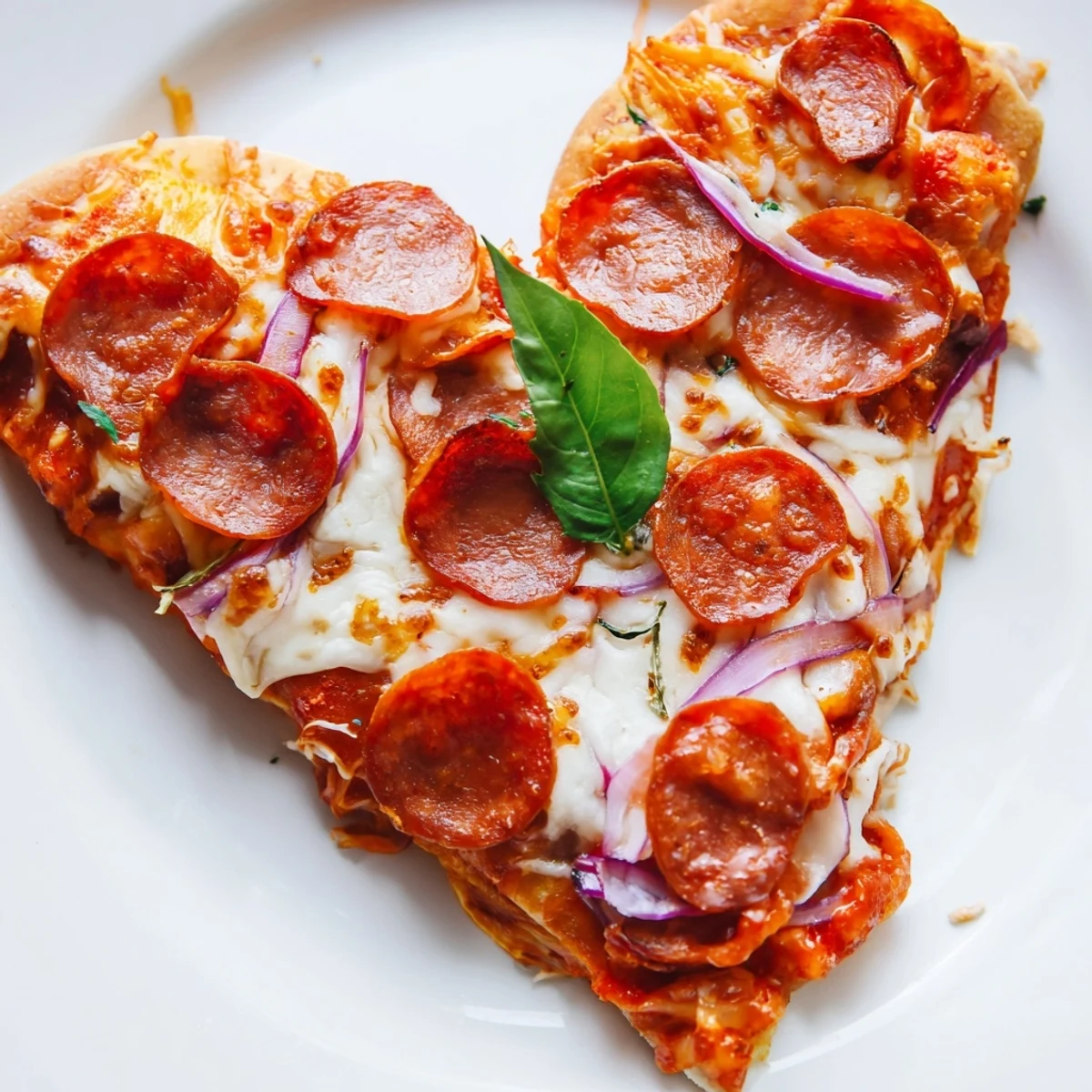 Freshly baked heart-shaped halal pepperoni pizza with melted mozzarella, golden crust, and basil garnish.