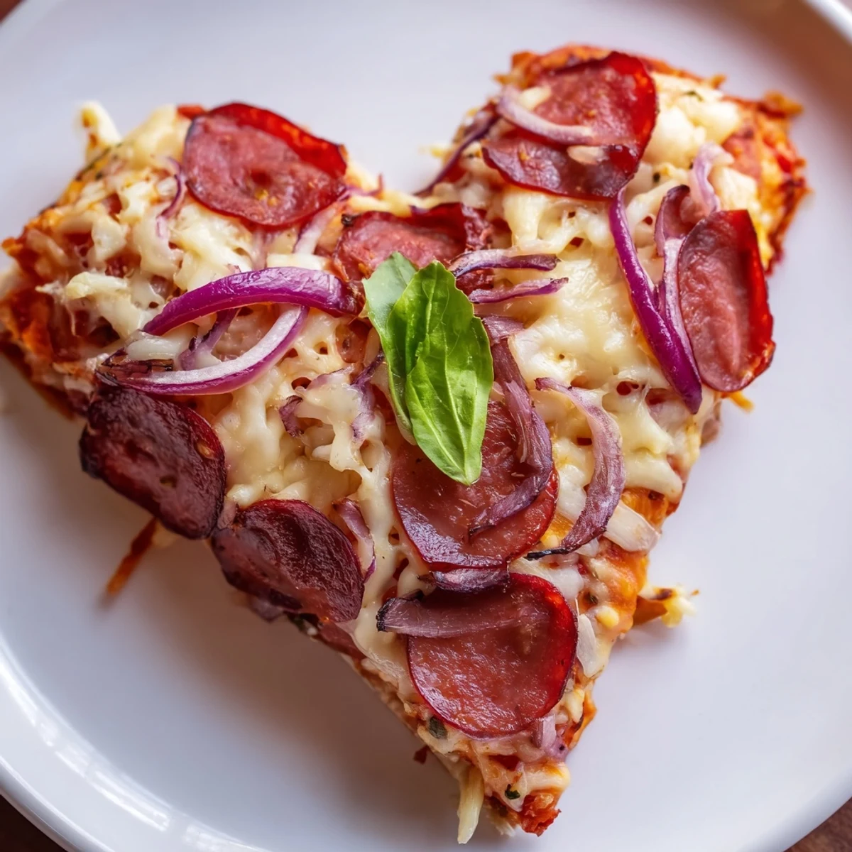 Homemade heart-shaped halal pepperoni pizza on a rustic board, topped with red onion and peppers.