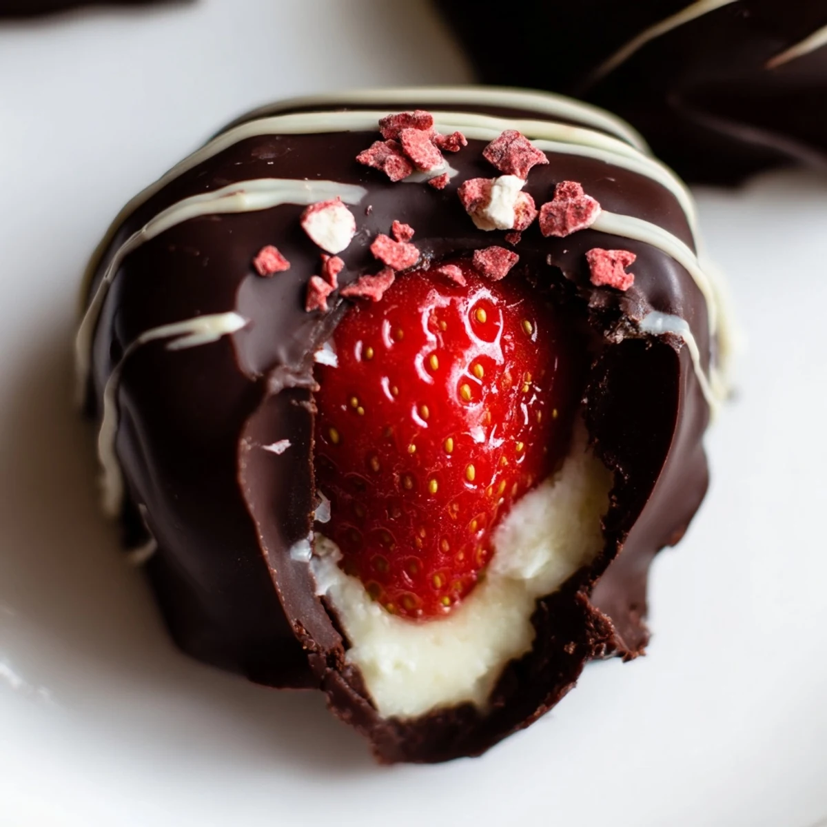 Creamy cheesecake-filled strawberries dipped in dark chocolate, garnished with crushed freeze-dried berries and white chocolate drizzle.
