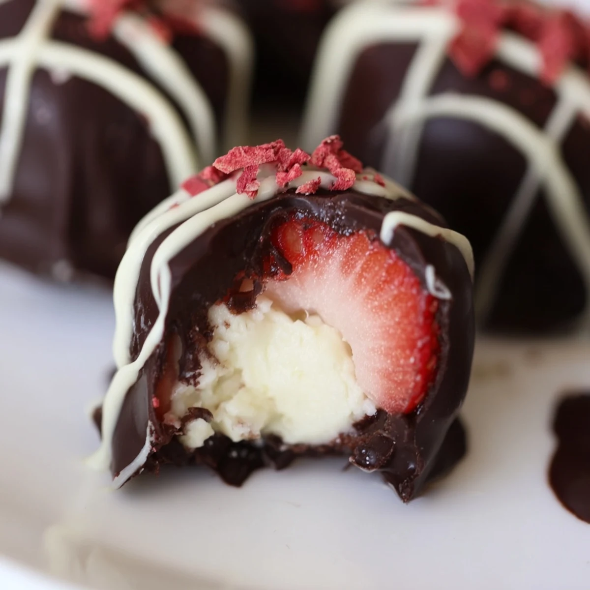 Decadent chocolate covered strawberry cheesecake bites served on a dessert platter for a festive party spread.